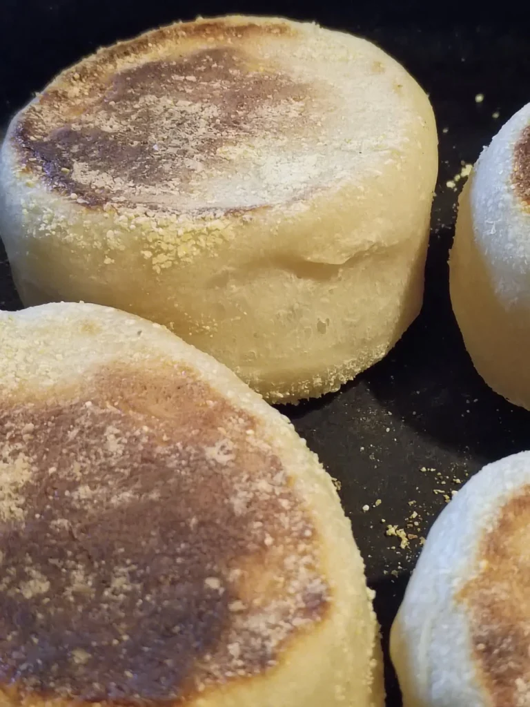 sourdough english muffins on griddle