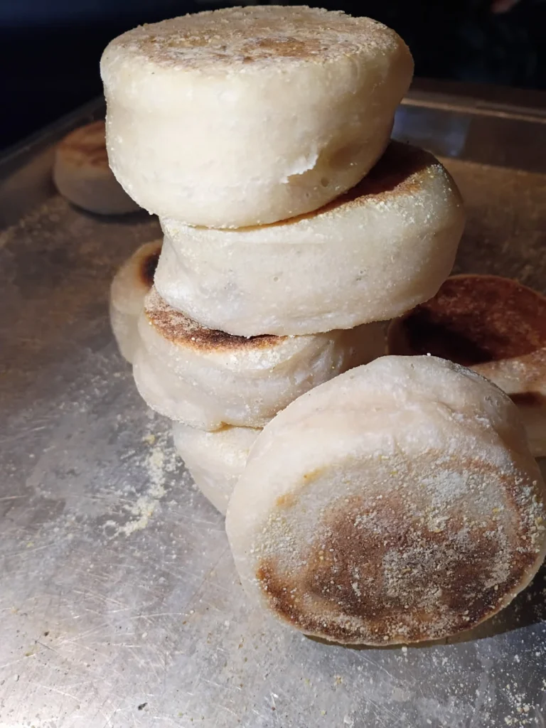 sourdough english muffins stack
